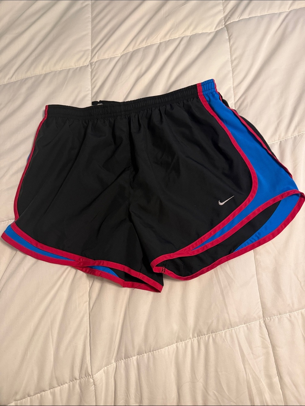 Nike Women's Black Athletic Shorts with Blue Panels & Pink Trim large